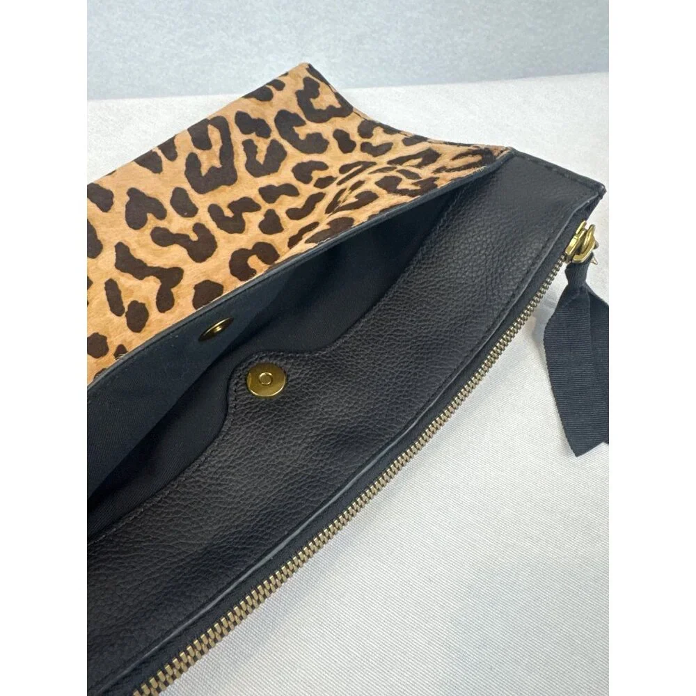 J Crew Black Leather Calf Hair Leopard Print Clutch Brass Accents Zipper - Picture 4 of 11
